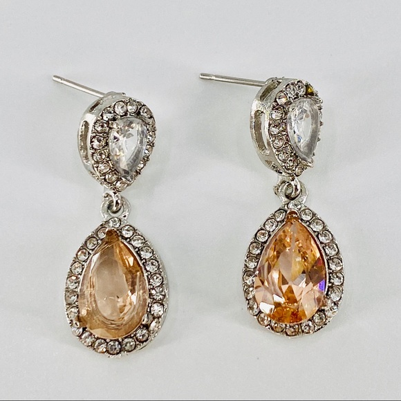 Lamor Fashions Jewelry - Silver Peach Crystal Topaz Dangle Earrings JE01